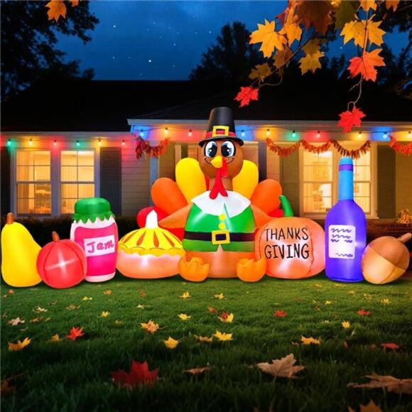8FT Thanksgiving Inflatables Decorations Blow Up Turkey Pumpkin with LED